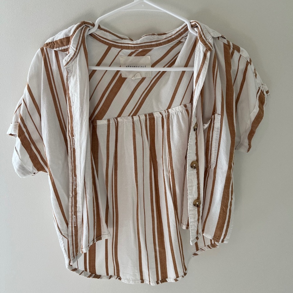 Aeropostale Brown and White Button up Shirt Size S